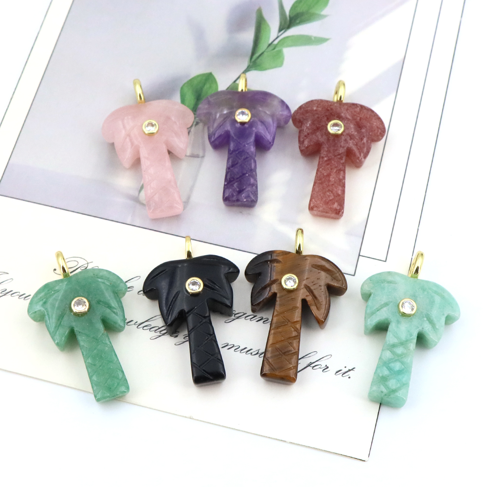 Crystal Pendant Necklace Natural Stone - 天然石ココナッツツリーペンダント、ジルコンクリスタル宝石チャーム付き、ジュエリー作り、手工芸品、DIYネックレスアクセサリー用