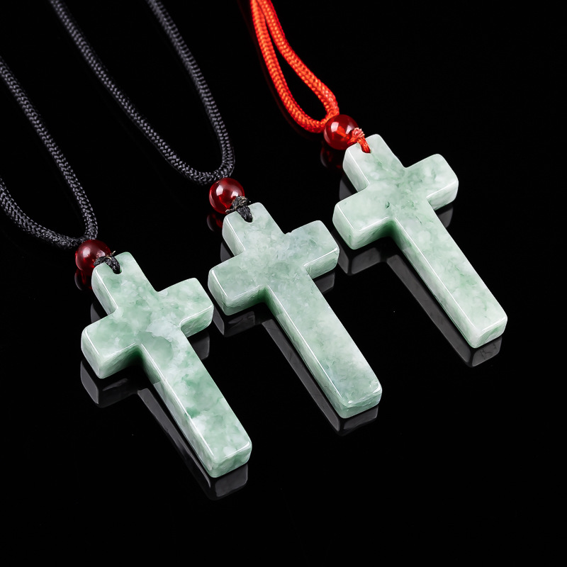 Necklaces - ミャンマー翡翠クロスペンダントネックレスビルマ翡翠石彫刻お守りファッションアクセサリーチャームギフト女性用