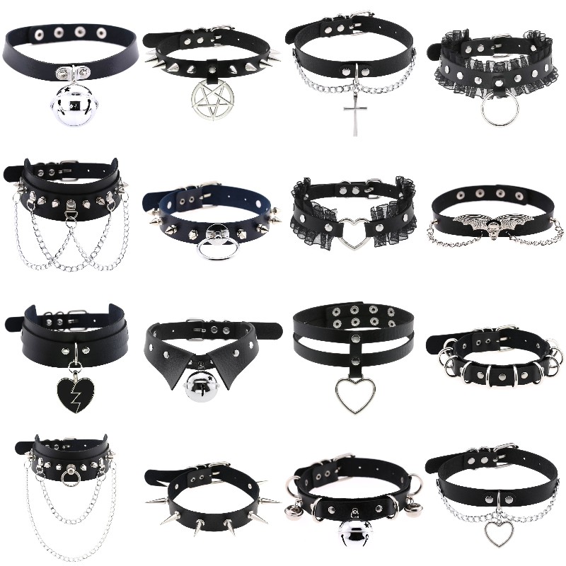 Goth Punk Spike Choker - トレンディなパンクスパイクリベットレザー女性チョーカーベル五角形原宿首輪ネックレス手作り自由奔放に生きるゴシックガールコリアージュエリー