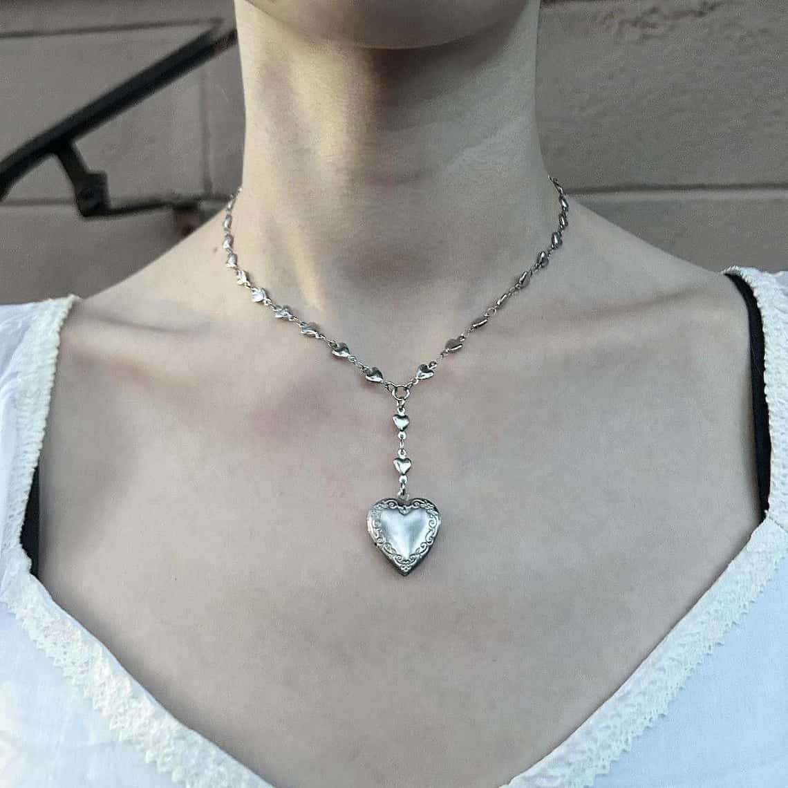 Heart Locket Necklace Photo - ロザリオ ラリアット チェーン ネックレス ハート ロケット
