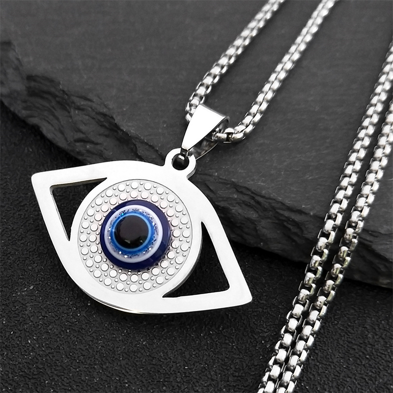 Necklaces - イスラム ハムサ 邪視除けブルーアイネックレス ステンレススチール トルコアイ チェーンブレスレット