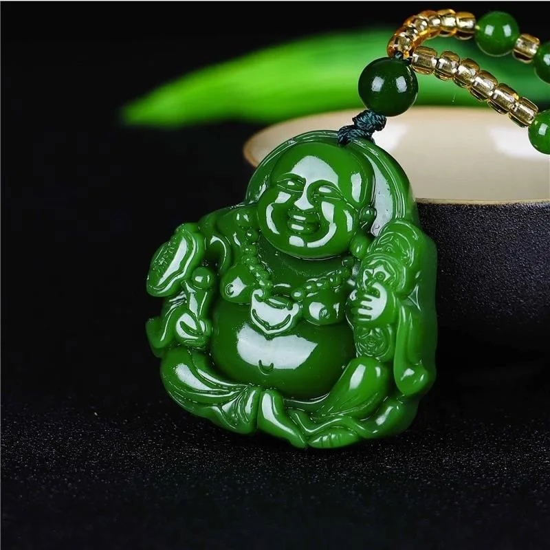 中国の緑のヒスイ弥勒仏ペンダントネックレスチャーム硬玉ジュエ - Necklaces のレビューと価格
