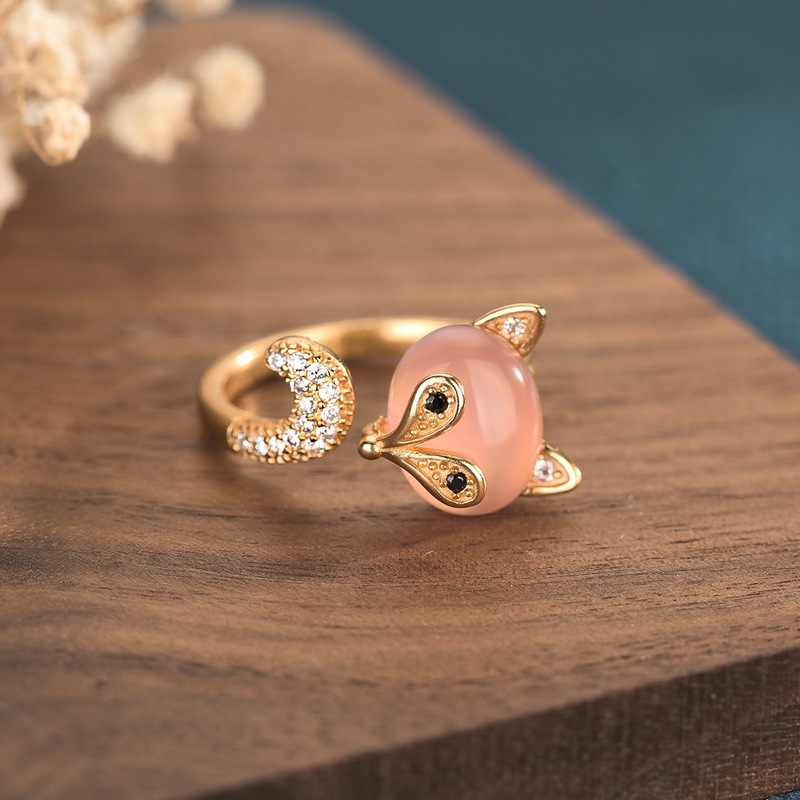 ピンク天然翡翠キツネリング本物のジュエリーお守りヴィンテージ - Rings のレビューと価格