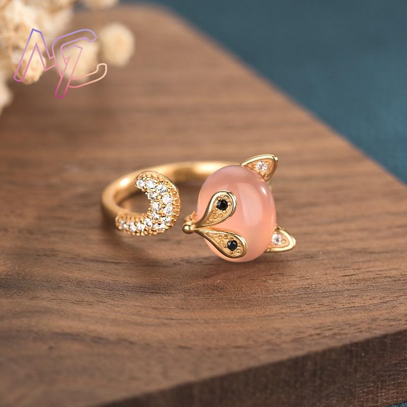 ピンク天然翡翠キツネリング本物のジュエリーお守りヴィンテージ - Rings のレビューと価格