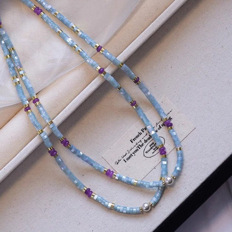 Minar 珍しいブルー天然石シェルパープルクリスタルビーズ - Pearl Choker Necklace Vintage のレビューと価格