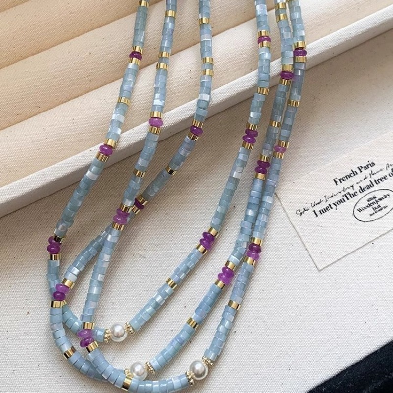 Minar 珍しいブルー天然石シェルパープルクリスタルビーズ - Pearl Choker Necklace Vintage のレビューと価格