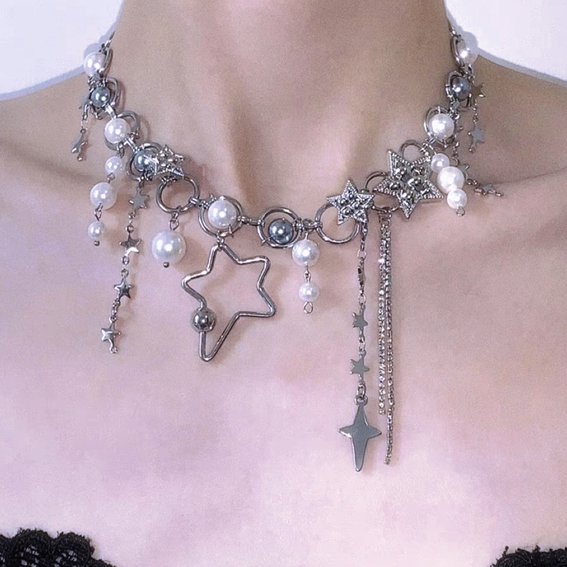女性のためのスプライスパールとスターチェーン,y2kジュエリ - Pearl Choker Necklace Vintage のレビューと価格