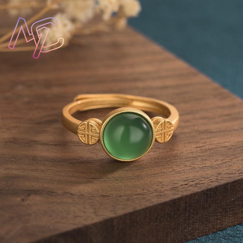 天然翡翠リング 本物の宝石彫刻 アミュレット チャーム 調節 - Rings のレビューと価格