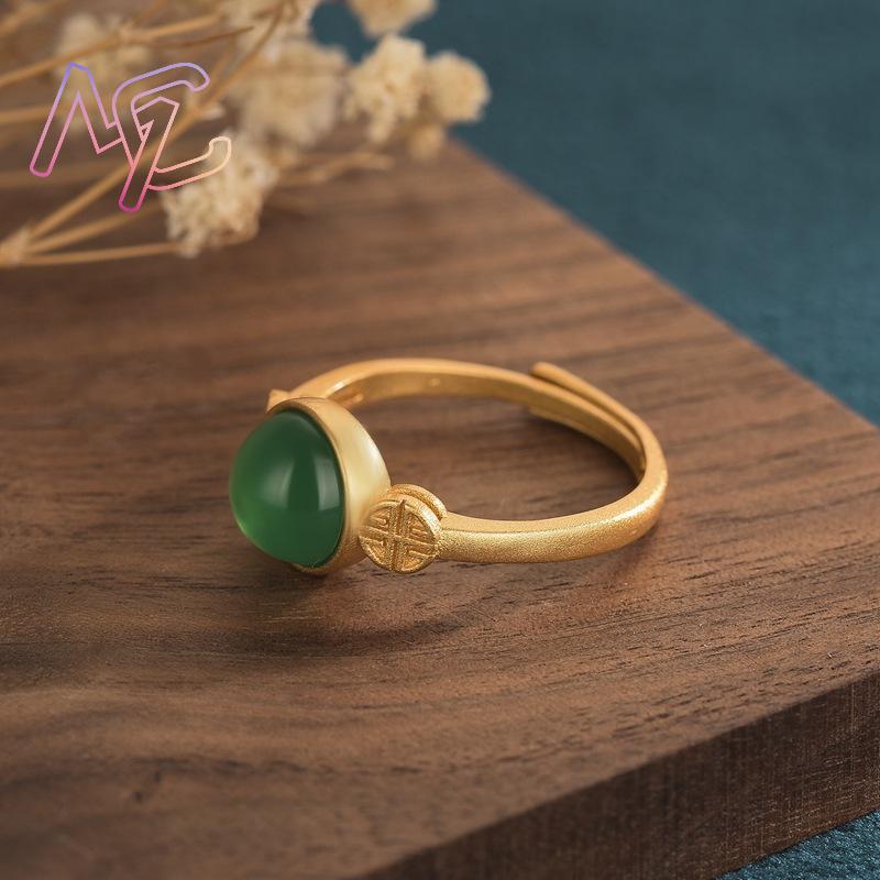 天然翡翠リング 本物の宝石彫刻 アミュレット チャーム 調節 - Rings のレビューと価格
